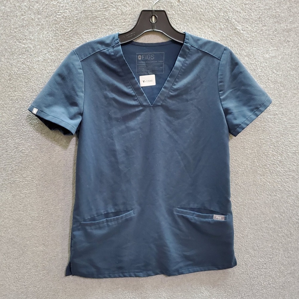 Figs Womenโ Scrub Top 2XS Blue Technical Collection Short Sleeve V Neck Pockets